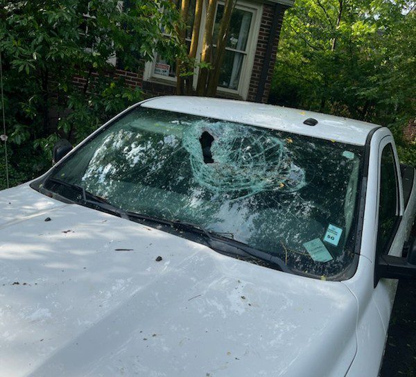 Cracked front windshield.