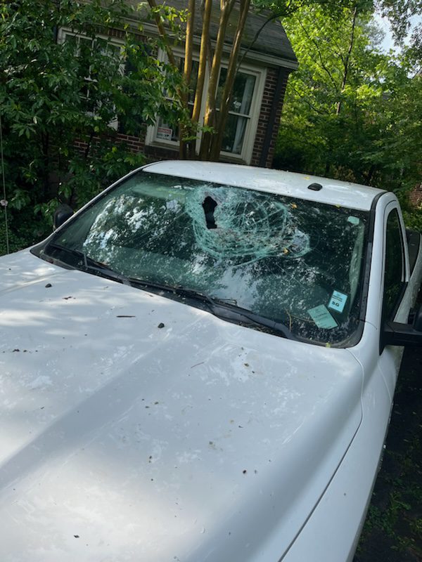 Cracked front windshield.