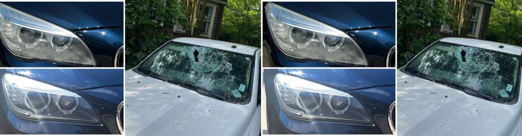 Headlight, broken windshield fixed